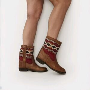 Vintage Kilim Leather Boots Handmade Moroccan Tapestry‎ Size 8 Turk Festival